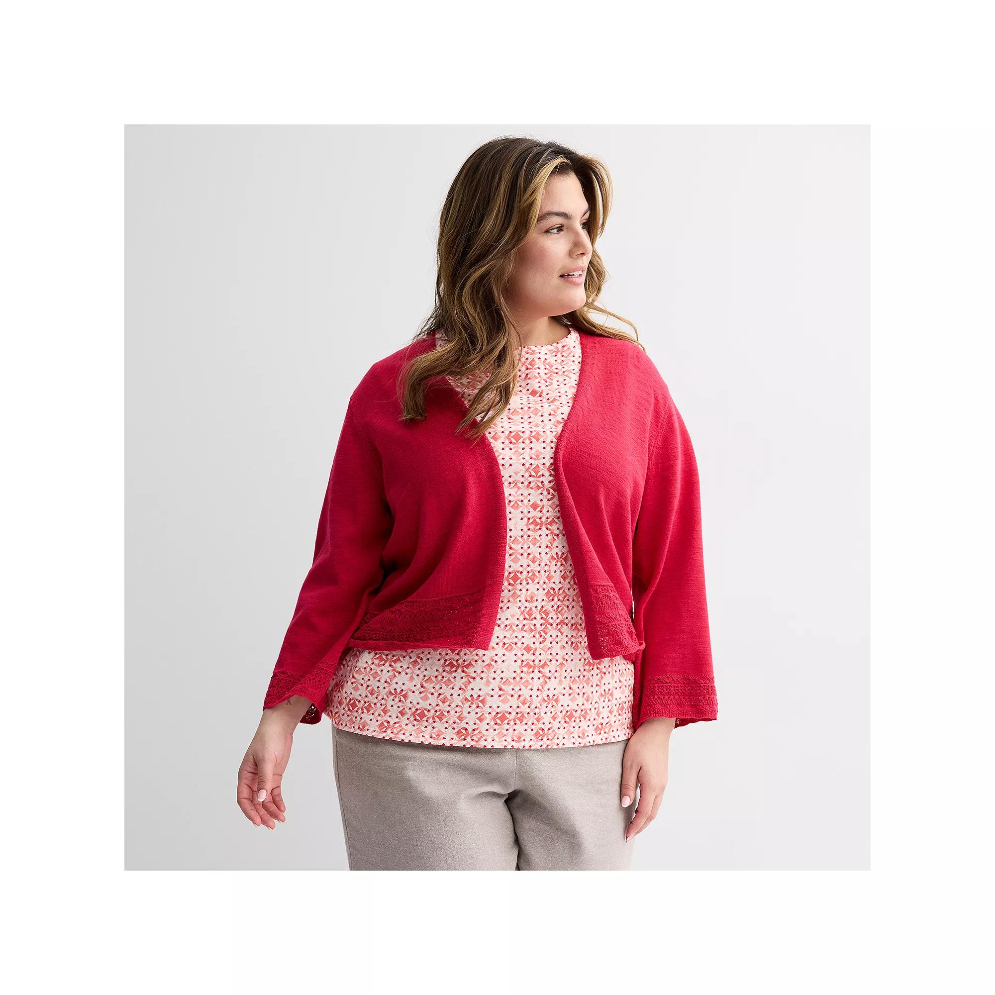 Plus Size Croft & Barrow® Pointelle Hem Open Front Cardigan, Women's, Size: 1XL, Maui Pink Product Image