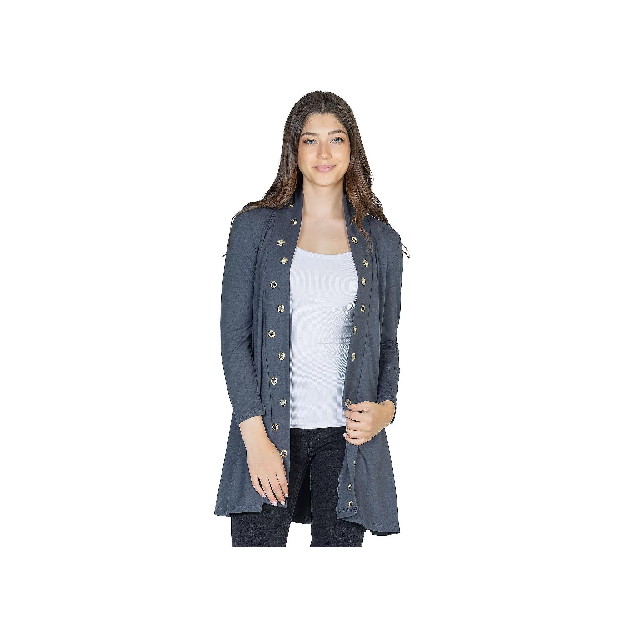 Women's 24Seven Comfort Apparel Mid Thigh Open Front Cardigan with Grommet Details, Size: Small, Black Product Image