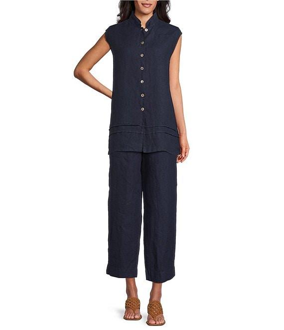 Bryn Walker Pintuck Light Linen Mandarin Collar Sleeveless Button Front Tunic Product Image