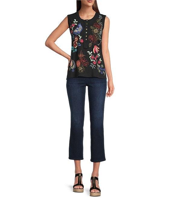 JOHNNY WAS Embroidered Floral Cotton Knit Raw Edge Detail Round Neck Henley Sleeveless Tank Product Image