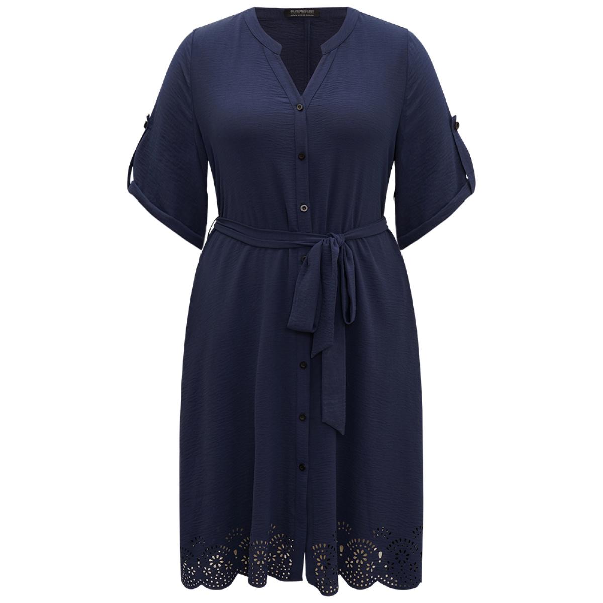 Plus Size Plain Notched Belted Laser Cut Tab Sleeve Dress Navy Women Office Plain Notched collar Half Sleeve Curvy Midi Dress BloomChic 30/6X Product Image