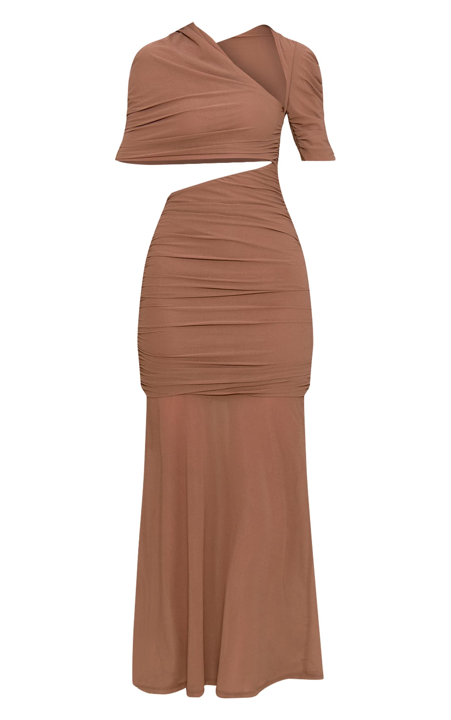 Taupe Mesh Extreme Ruched Wrap Fishtail Maxi Dress Product Image