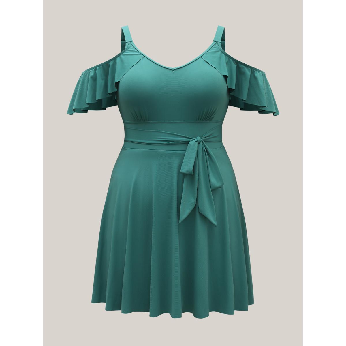 Plus Size Off Shoulder Lotus Leaf Edge Belted Swim Dress Women's Swimwear Turquoise Beach Bodycon One-shoulder neck High stretch Curve Swim Dresses BloomChic 18-20/2X Product Image