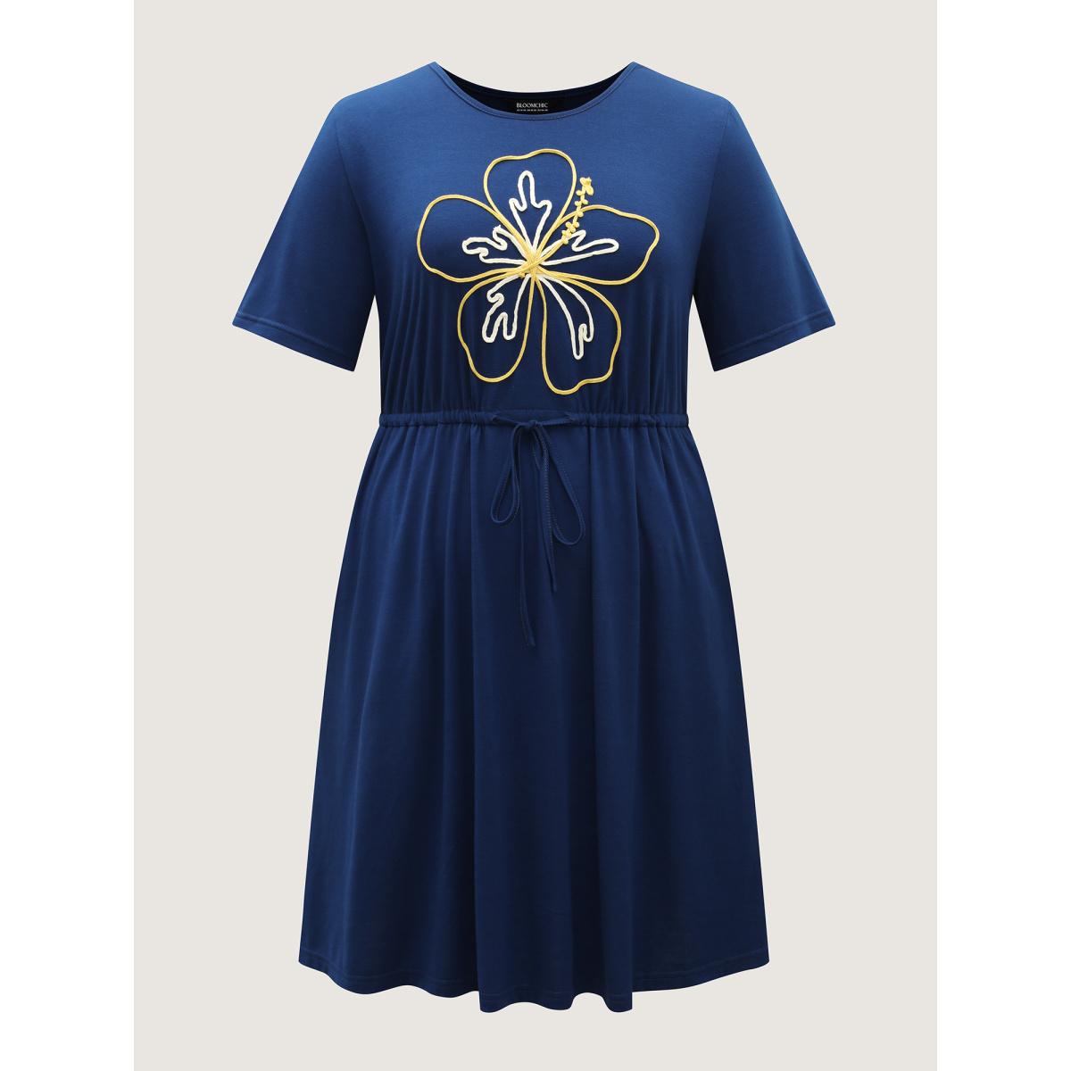 Plus Size Supersoft Cord Embroidered Drawstring Midi Dress DarkBlue Women Round Neck Short sleeve Curvy BloomChic 10/M Product Image