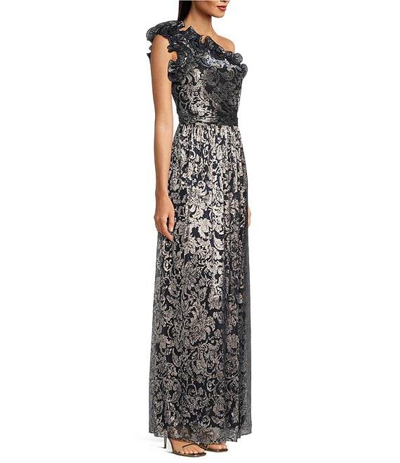 Adrianna Papell Metallic Ruffle Neck One Shoulder Printed Crinkle Gown Product Image