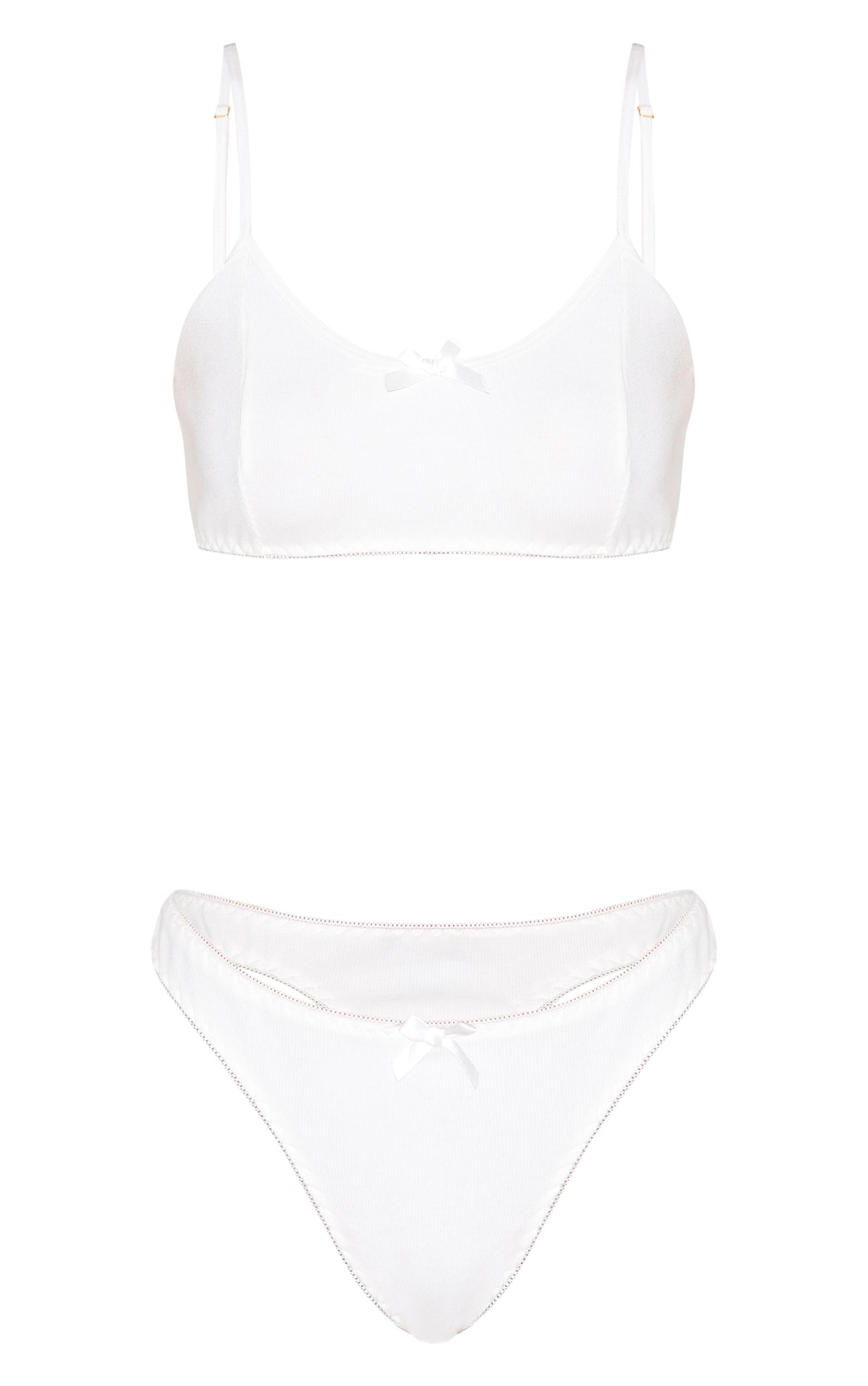 Cream Jersey Ribbed Bralette And Thong Lingerie Set Product Image