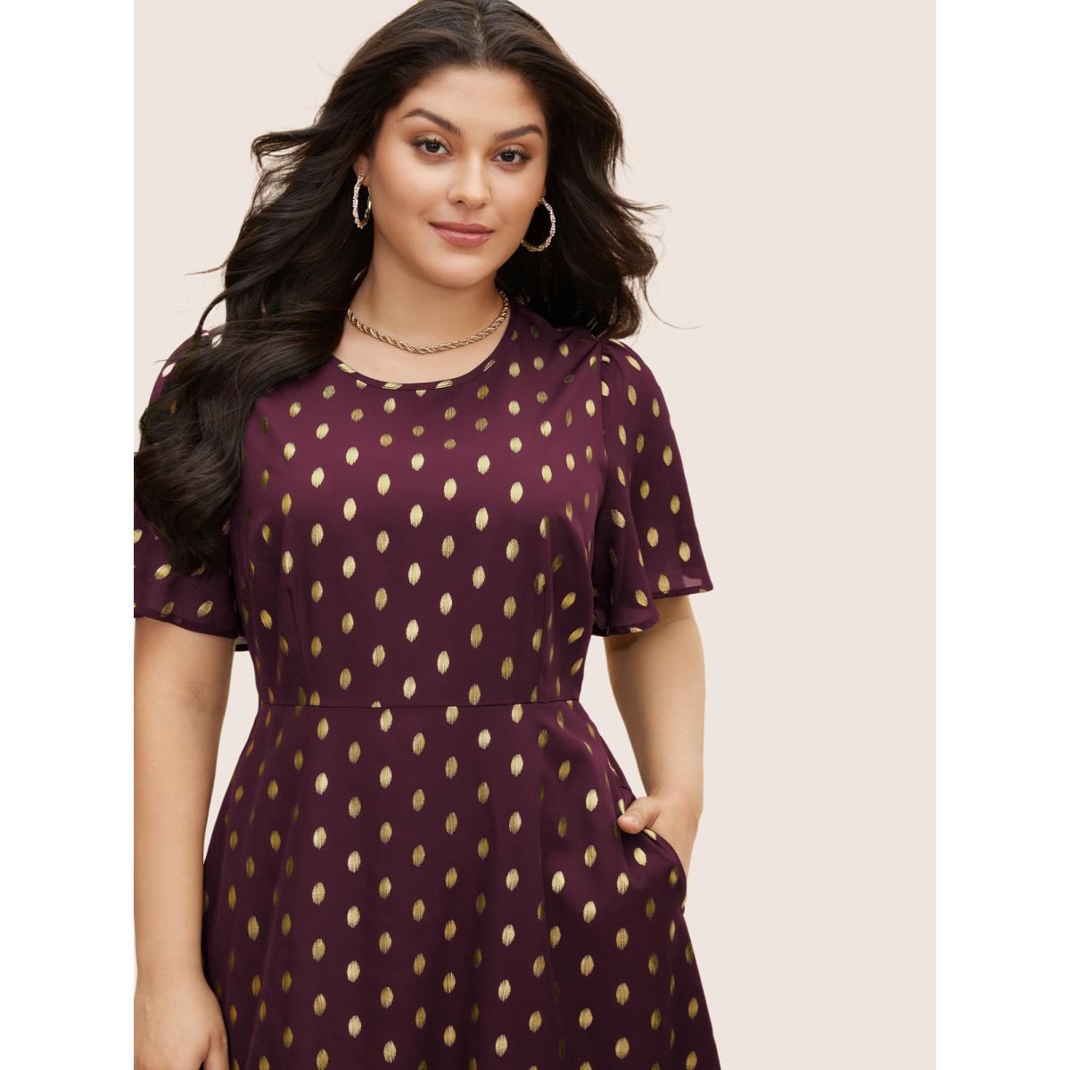 Plus Size Glitter Polka Dot Patchwork Ruffles Dress Burgundy Women Cocktail See through Round Neck Short sleeve Curvy BloomChic 22-24/3X Product Image