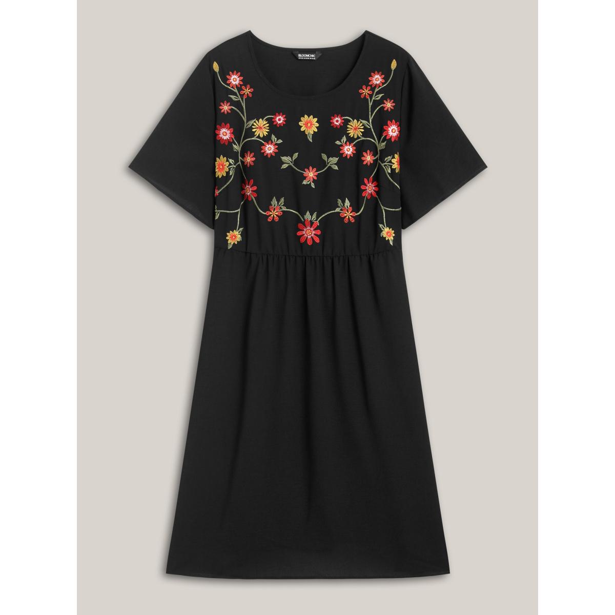 Plus Size Floral Embroidered Waist-Cinched Midi Dress Black Women Boho Round Neck Short sleeve Curvy BloomChic 22-24/3X Product Image