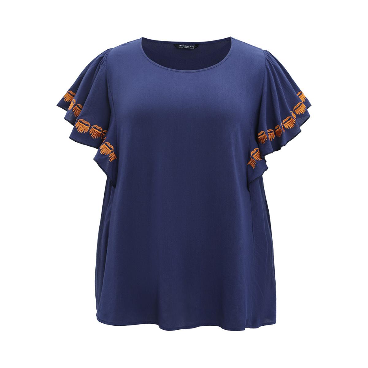 Plus Size Indigo Contrast Embroidered Ruffle Trim Crew Neck Blouse Women Elegant Short sleeve Round Neck Dailywear Blouses BloomChic 14-16/1X Product Image
