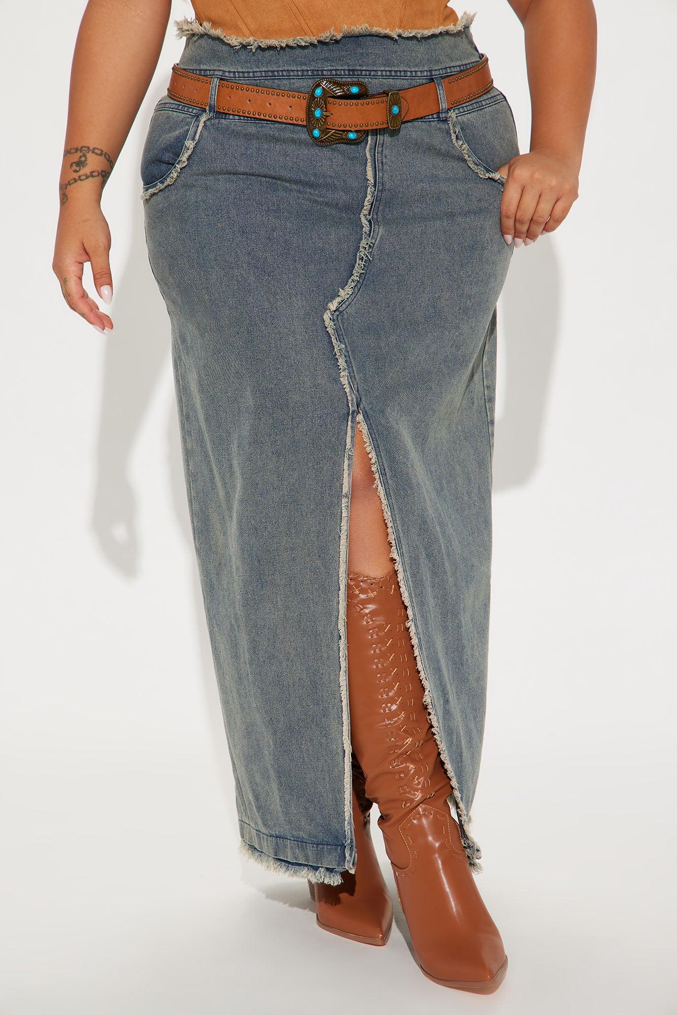 Texas Hold Em' Belted Denim Maxi Skirt - Vintage Wash Product Image