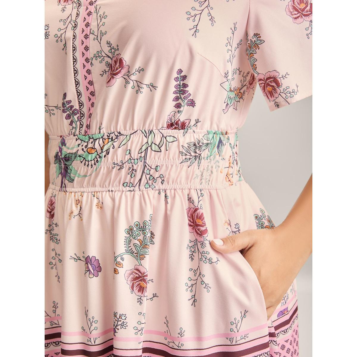 Plus Size Floral Print Waist Defining Midi Dress Peach Women Notched collar Short sleeve Curvy BloomChic 26/4X Product Image