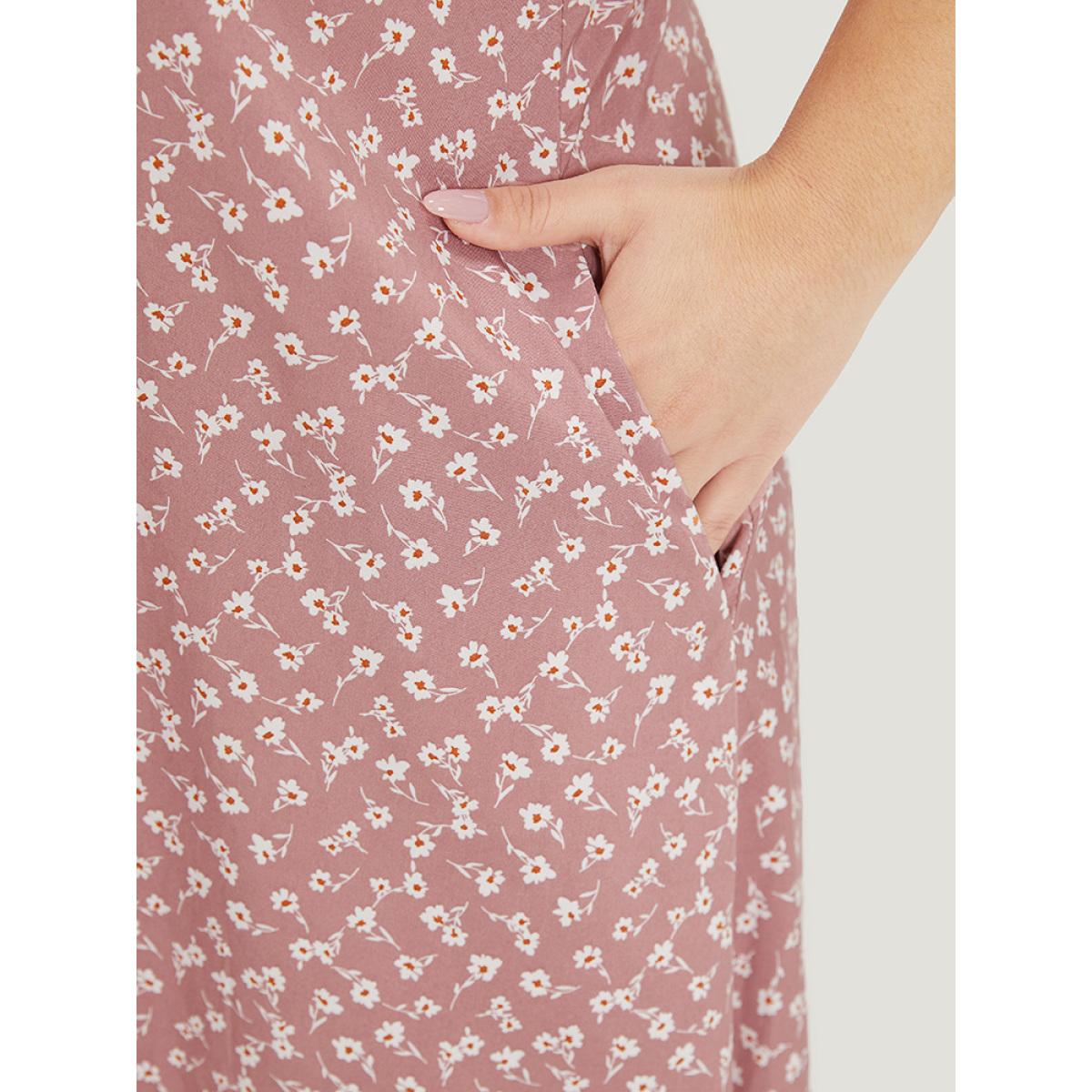 Plus Size Ditsy Floral Square Neck Ruffle Cap Sleeve Split Hem Dress Pink Women Elegant Button Square Neck Short sleeve Curvy Midi Dress BloomChic 28/5X Product Image