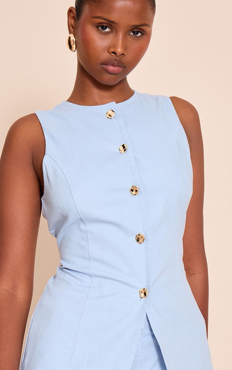 Pale Blue Textured Gold Button Trim Vest Product Image