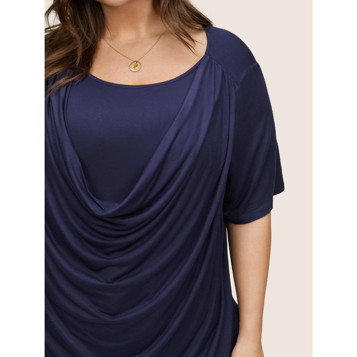 Plus Size Solid Cowl Neck Gathered T-shirt Indigo Women Elegant Non Plain Cowl Neck Everyday T-shirts BloomChic 18-20/2X Product Image