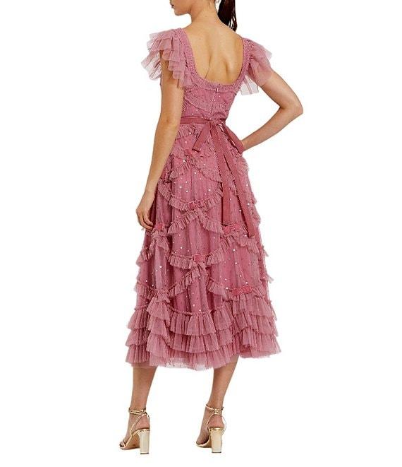 Mac Duggal Square Neck Ruffle Shoulder Dotted Sequined Mesh Micro Ruffle Bow Midi Dress Product Image