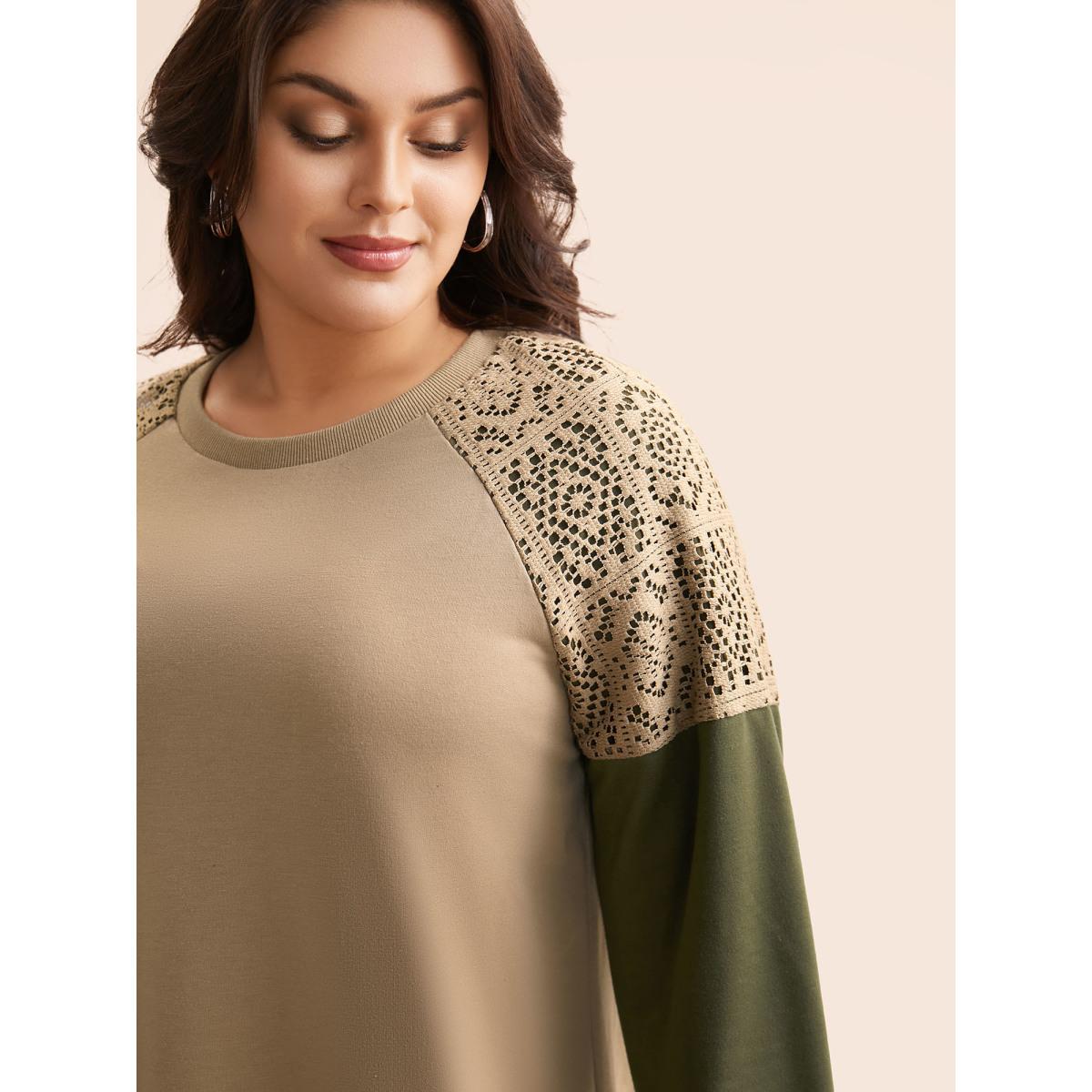 Plus Size Lace Patchwork Contrast Raglan Sleeve Sweatshirt Women Tan Casual Contrast Round Neck Everyday Sweatshirts BloomChic 12/L Product Image