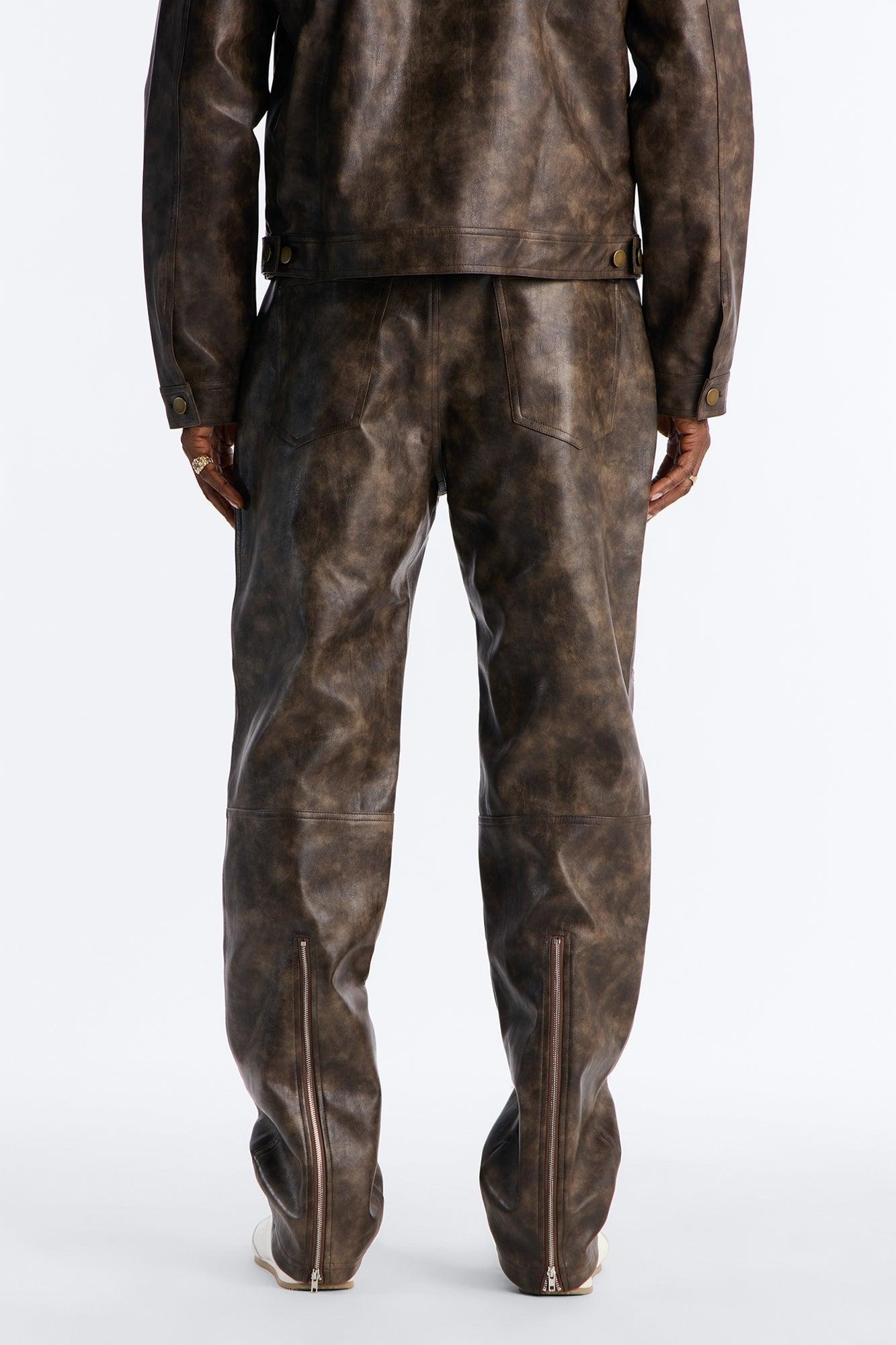 Straight Flared Stone Grained Faux Leather Zip Pant - Brown Male Product Image