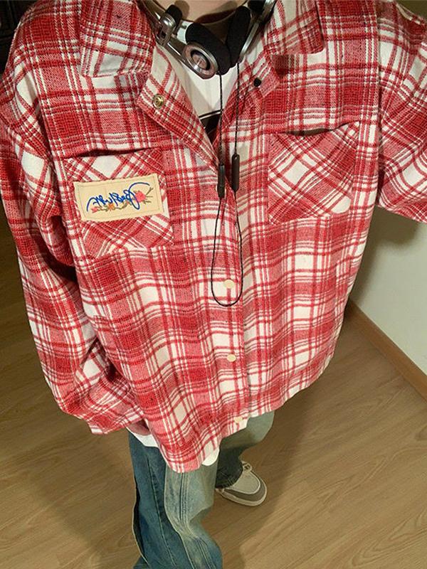 Men's Vintage Plaid Print Embroidery Long Sleeve Blouse Product Image