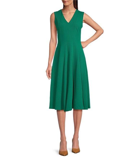 Calvin Klein V-Neck Sleeveless Scuba Crepe Fit And Flare Dress Product Image