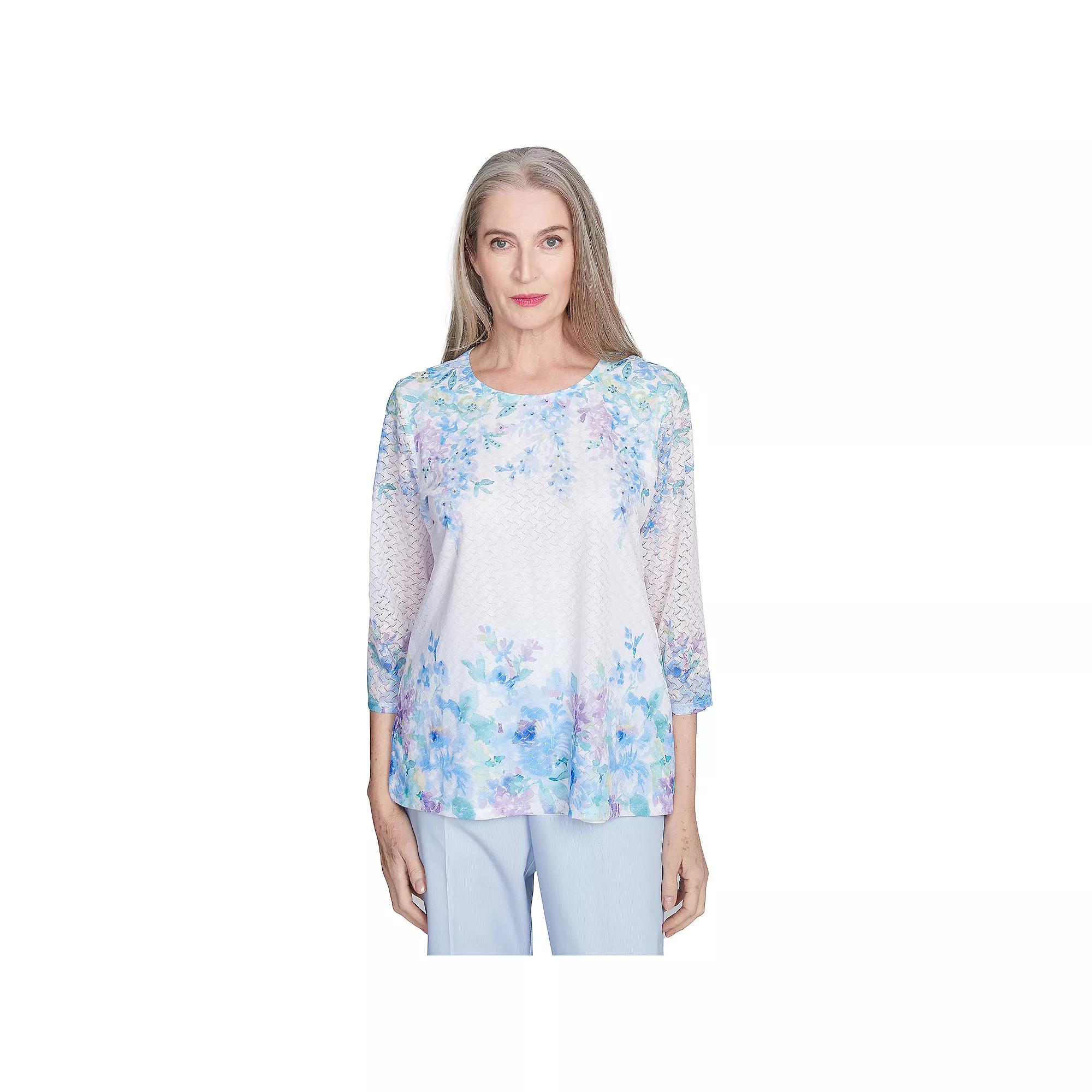 Petite Alfred Dunner Textured Sky Blue Floral Border Top, Women's, Size: Small Petite, Blue Team Product Image