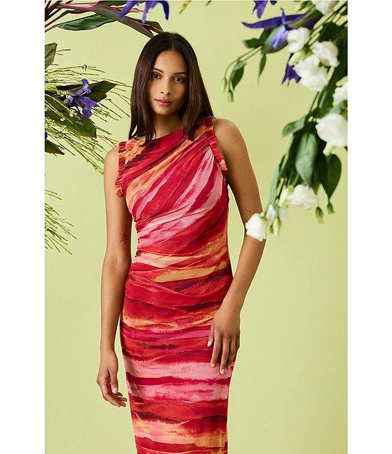 Donna Morgan Power Mesh Multi Print Boat Neck Sleeveless Sheath Midi Dress Product Image