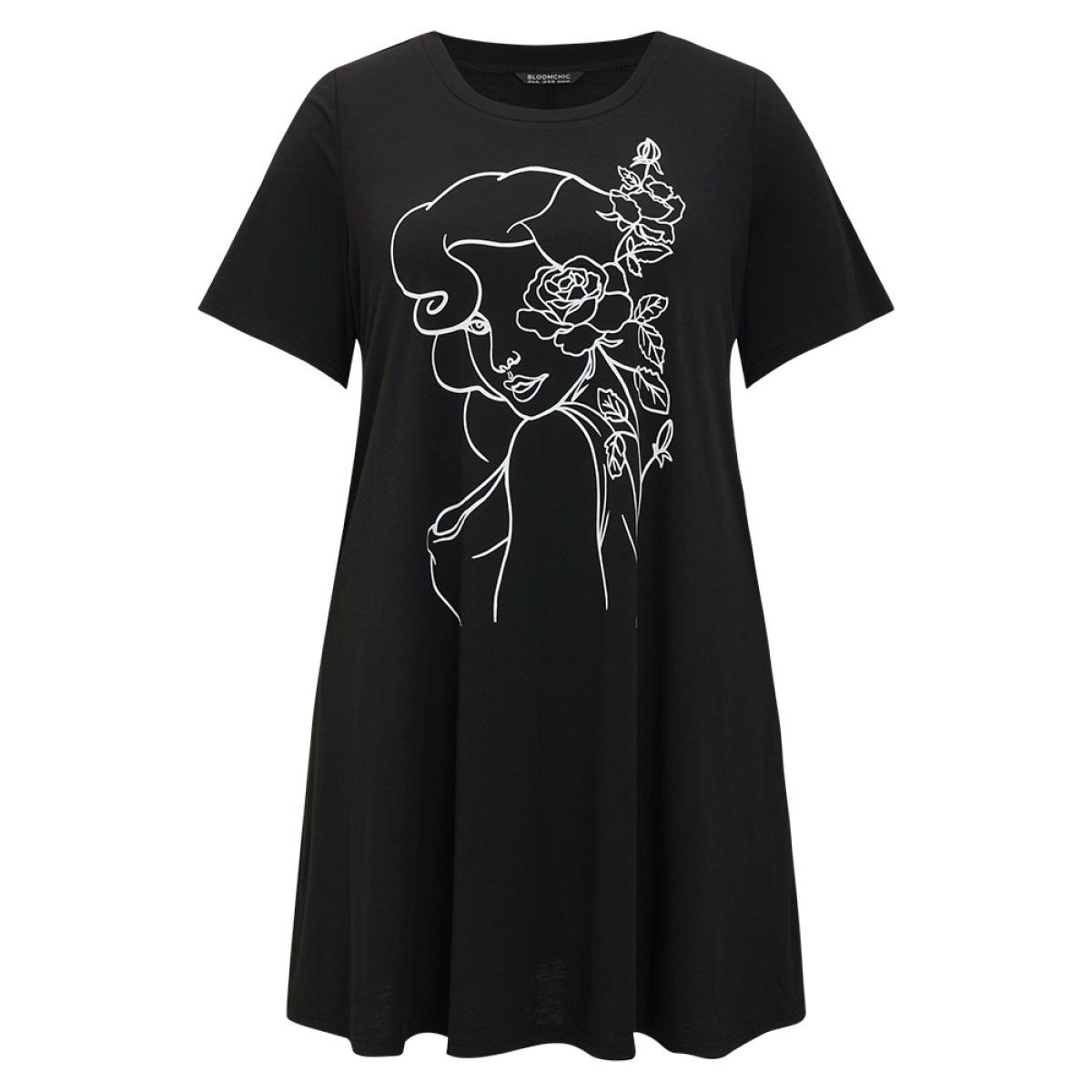 Plus Size Rose & Figure Print Pocket Flutter Graphic Dress Black Women Casual Printed Curvy Knee Dress BloomChic 12/L Product Image