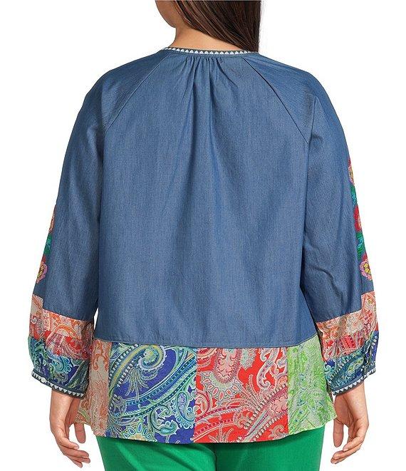 Calessa Plus Size Embroidered Border Patchwork Tassel Tie Keyhole Neck Wrist Length Sleeve Tunic Product Image