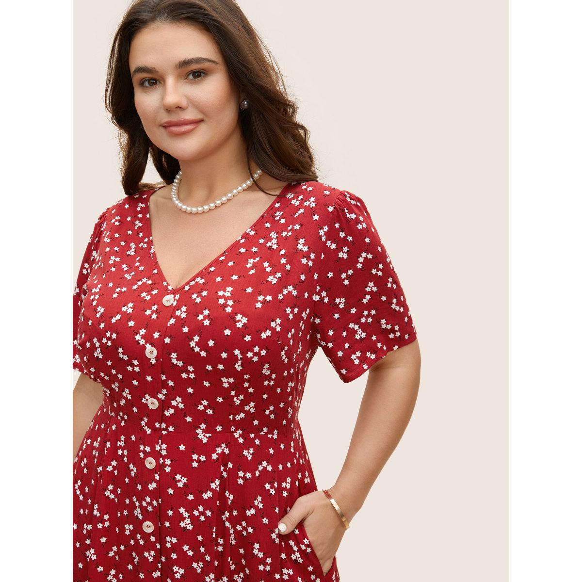 Plus Size Ditsy Floral Button Detail Elastic Waist Midi Dress Crimson Women Timeless Gathered V-neck Short sleeve Curvy BloomChic 22-24/3X Product Image