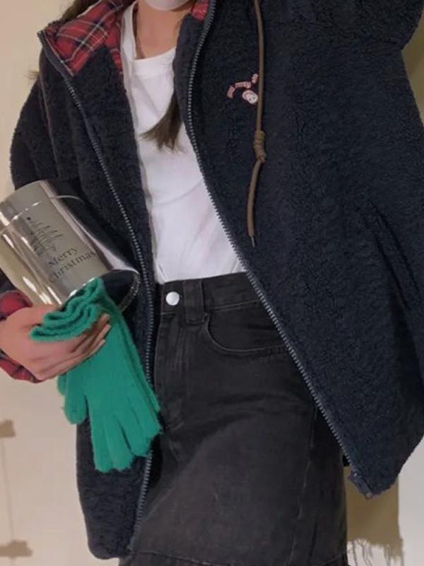 Plaid Lambswool Splice Embroidered Hooded Zip Up Jacket Product Image