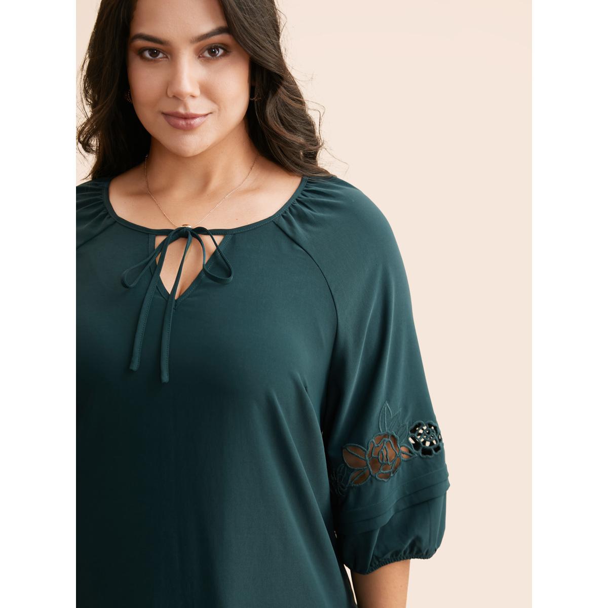 Plus Size DarkGreen Broderie Anglaise Gathered Tie Knot Blouse Women Elegant Elbow-length sleeve V-neck Everyday Blouses BloomChic 18-20/2X Product Image