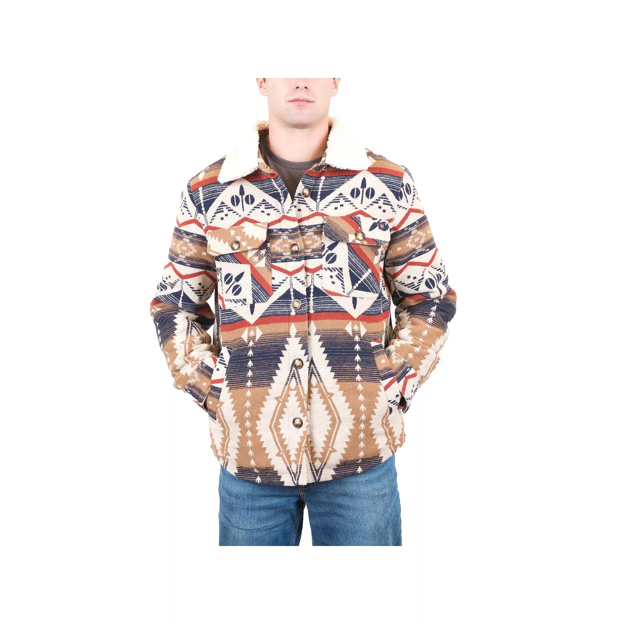 Mens Mountain and Isles Button Front Coat with Faux Sherpa Collar Grey Navy Plaid Product Image