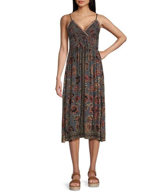 Angie Allover Floral Print V-Neck Crochet Trim Tie Front Midi Dress Product Image