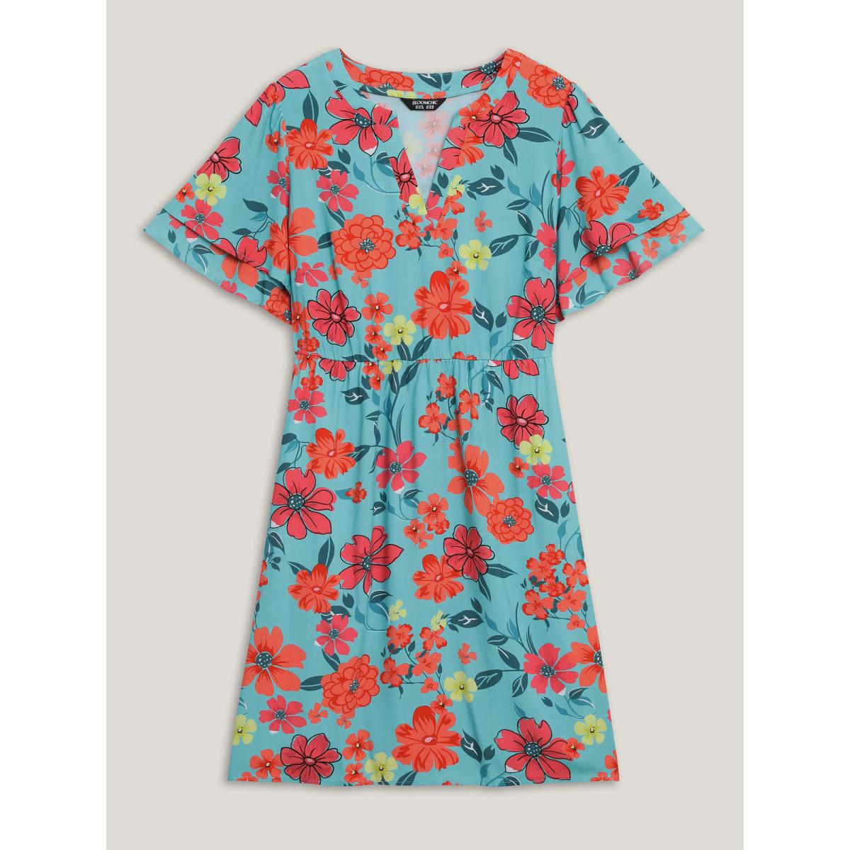 Plus Size Floral Radiance Layered Sleeve Midi Dress Malachitegreen Women Flat collar with V-notch Short sleeve Curvy BloomChic 26/4X Product Image