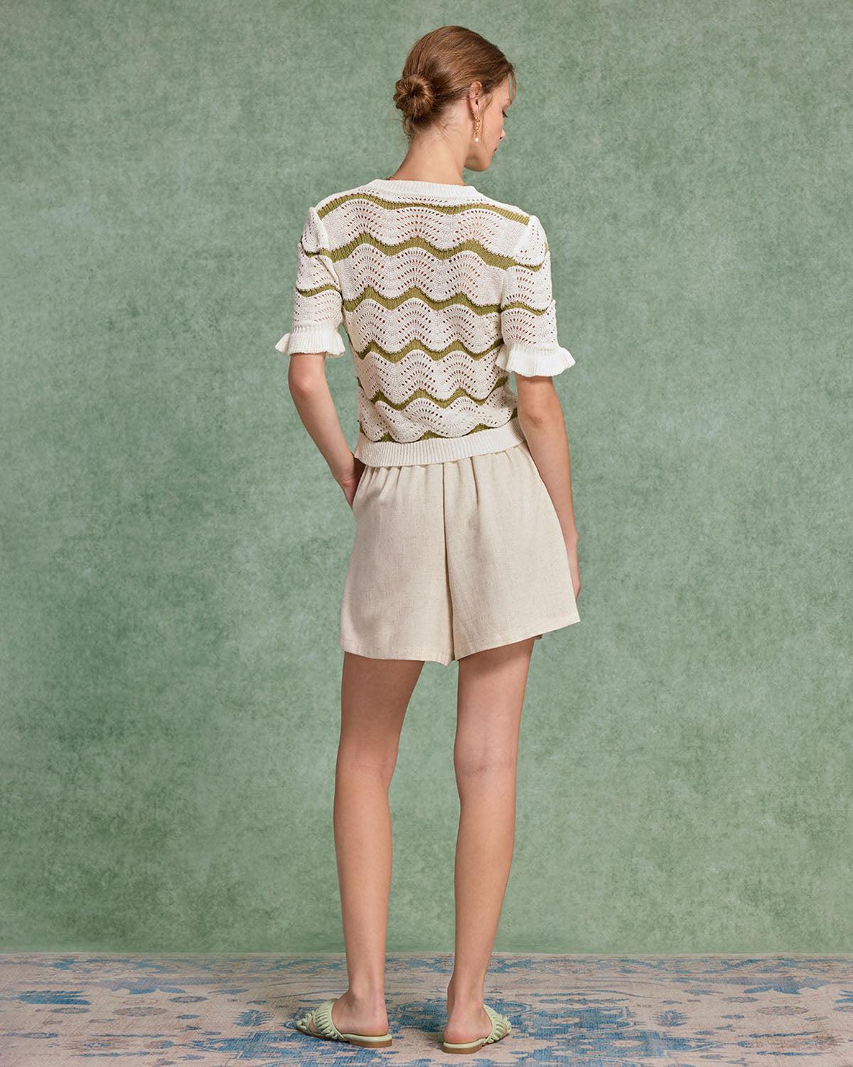 White Striped Round Neck Crochet Sweater Product Image