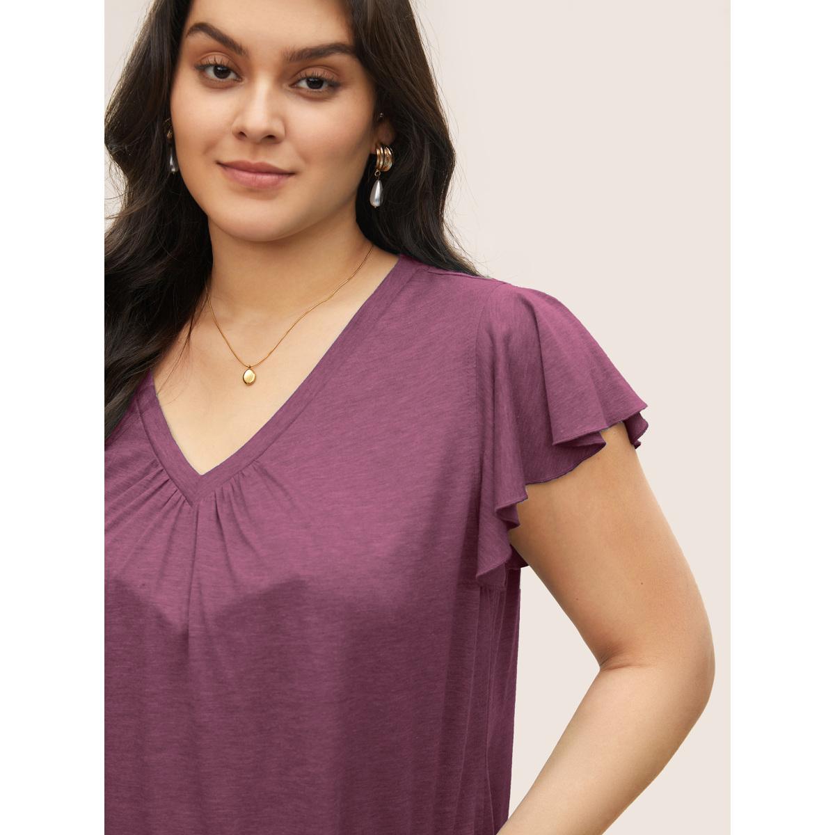 Plus Size Solid Heather Gathered Ruffle Sleeve T-shirt RedViolet Women Timeless Non V-neck Elegant T-shirts BloomChic 30/6X Product Image