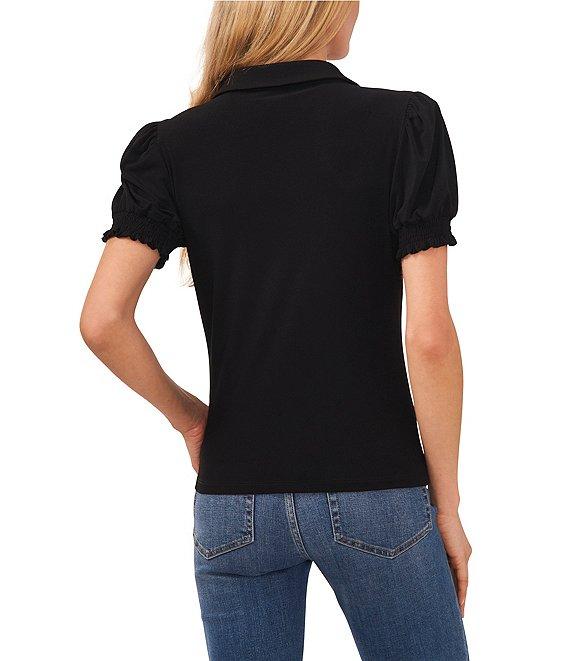 CeCe Crepe Knit Point Collar V-Neck Short Puffed Sleeve Shirt Product Image