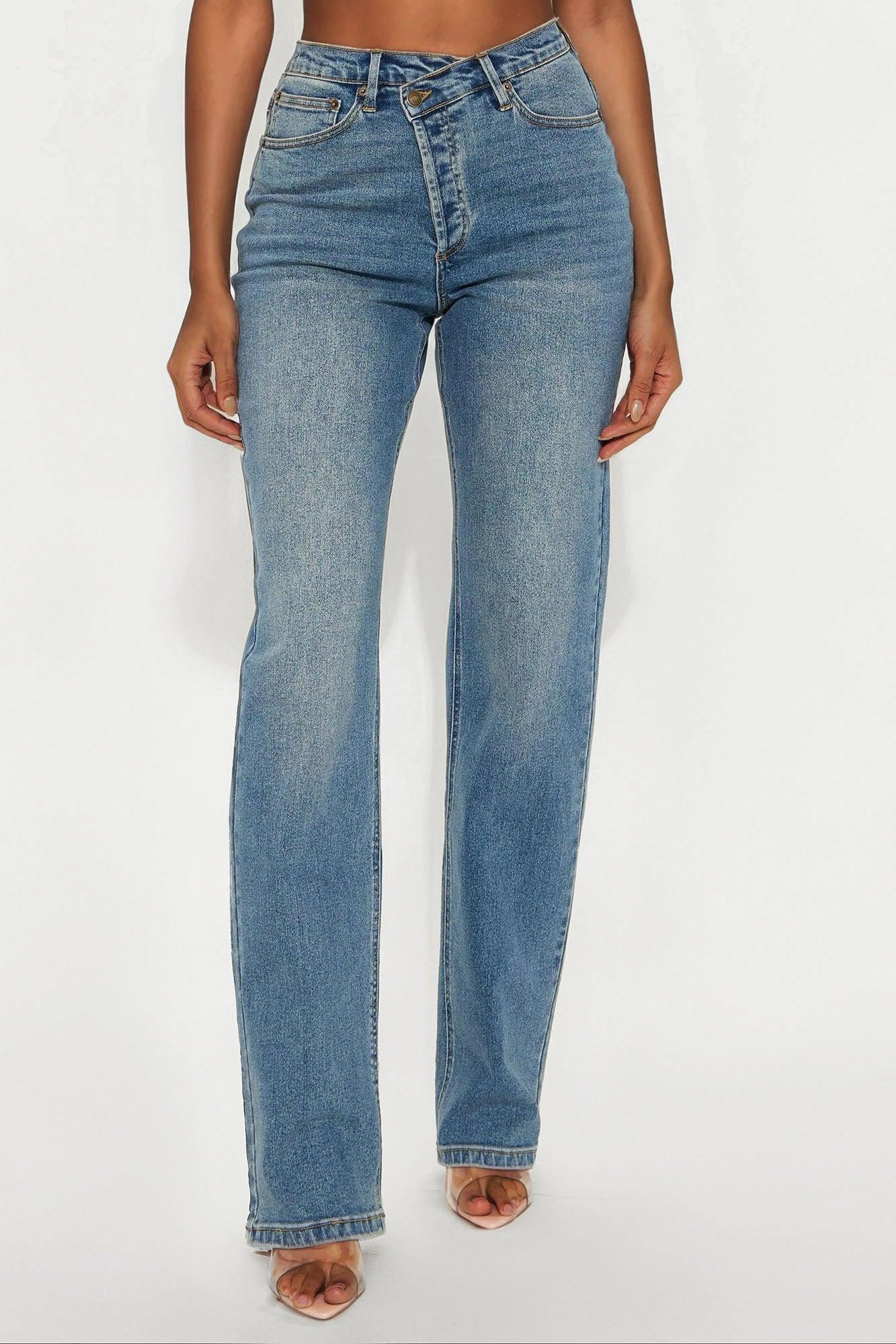 Tall In Sync Stretch Crossover Straight Leg Jeans - Dark Wash Female Product Image