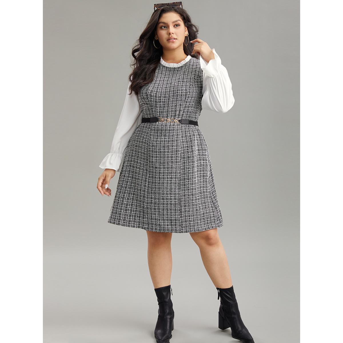 Plus Size Plaid Patchwork Ruffle Trim Knee Dress White Women Office Texture Mock Neck Long Sleeve Curvy Knee Dress BloomChic 30/6X Product Image