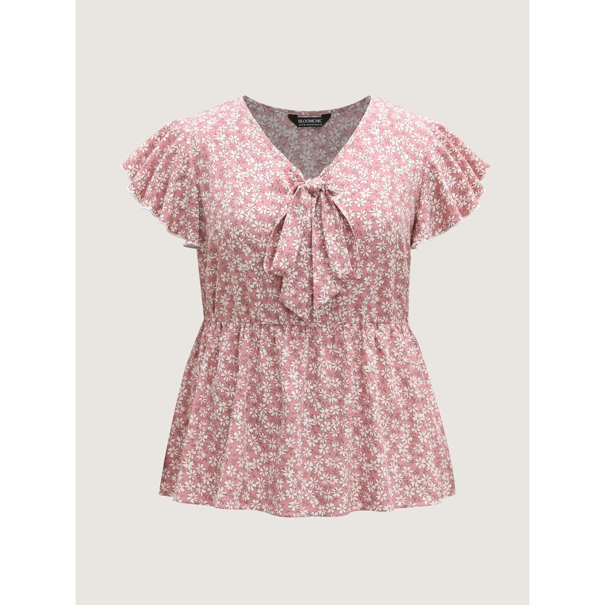 Plus Size Dirtypink Ribbon Neck Floral Print Ruffled Blouse Women Cap Sleeve Ribbon-tied collar Everyday-Elegant Blouses BloomChic 10/M Product Image