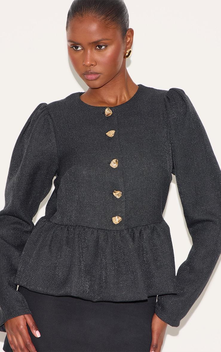 Black Button Up Peplum Balloon Sleeve Jacket Product Image