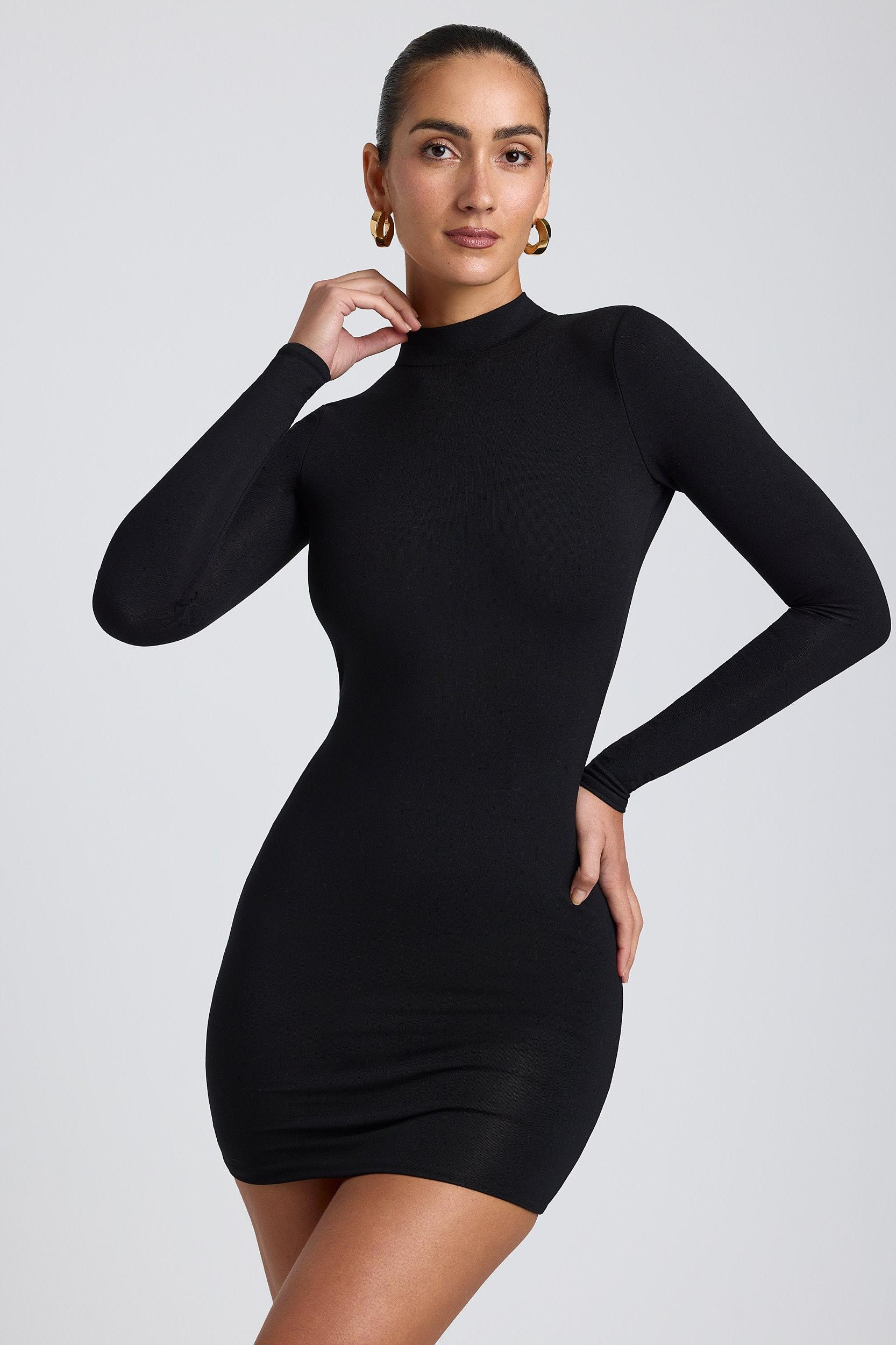 Modal Open-Back Long-Sleeve Mini Dress in Black Product Image