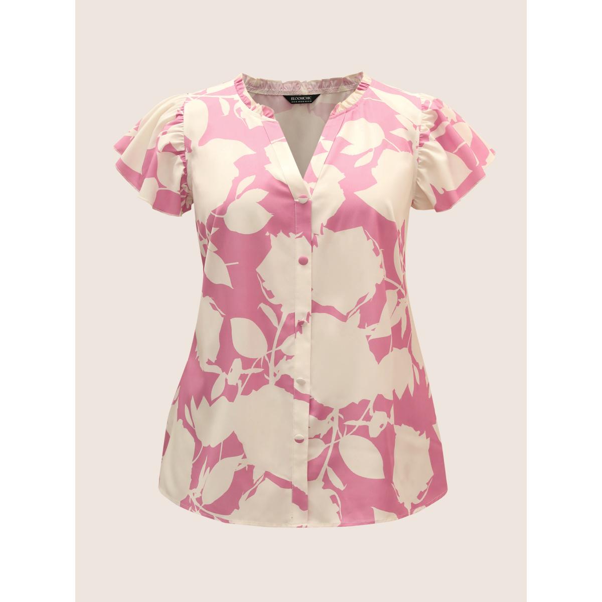 Plus Size Beanpastepowder Silhouette Floral Print Button Detail Blouse Women Elegant Cap Sleeve V-neck Everyday Blouses BloomChic 14-16/1X Product Image