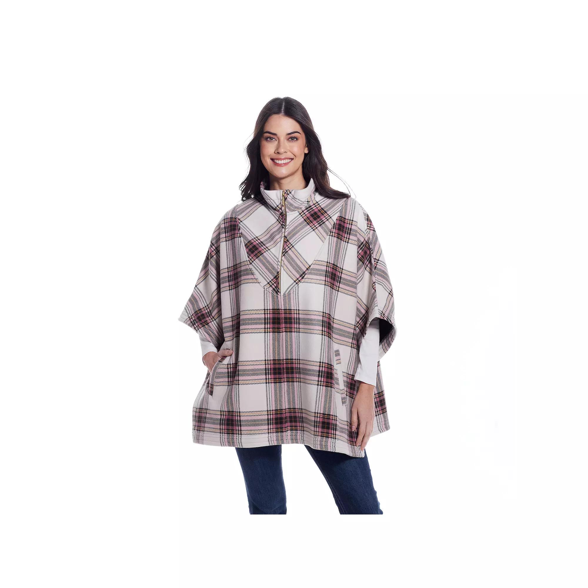 Women's Weathercast Zip Fleece Poncho, Pink Green Plaid Product Image