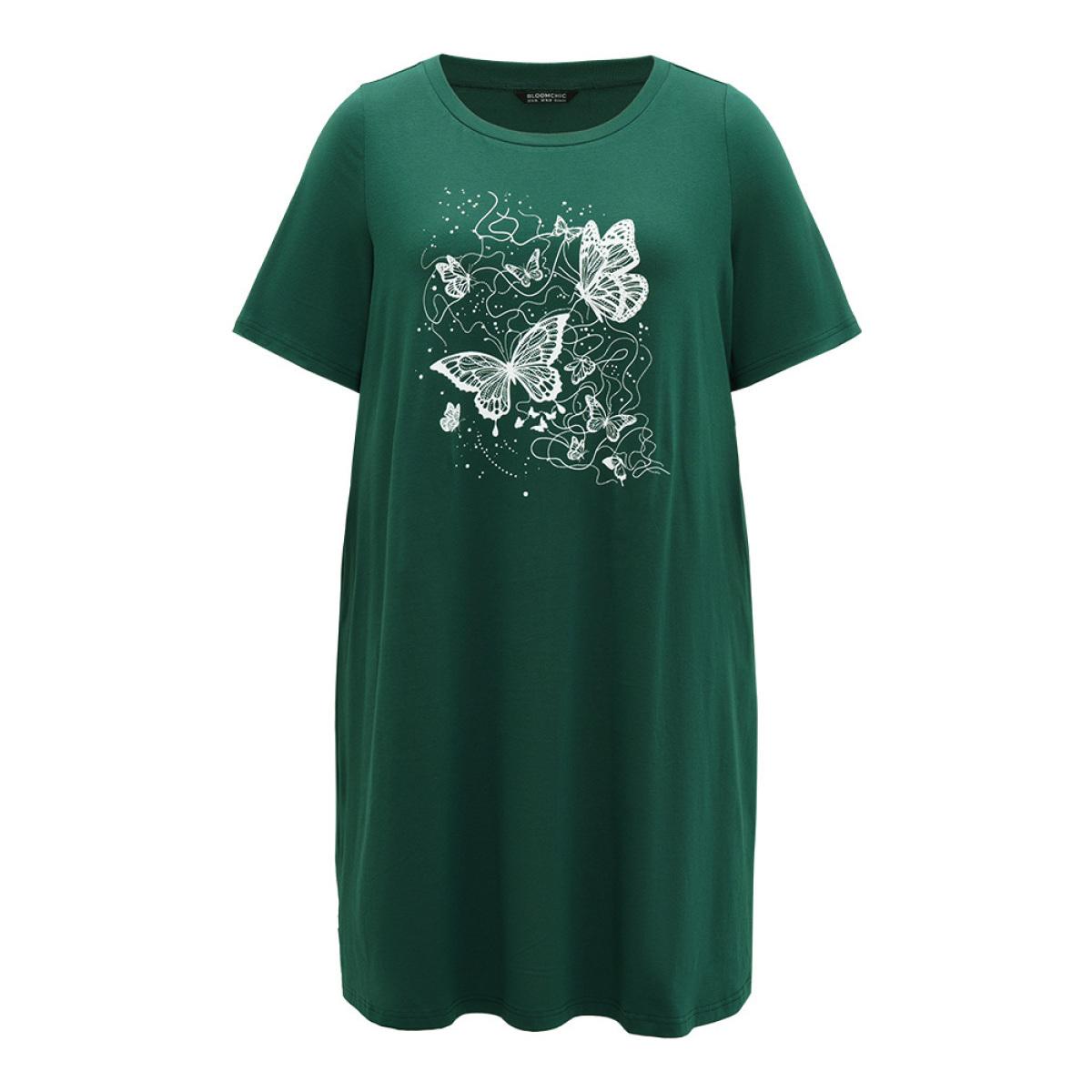 Plus Size Supersoft Essentials Butterflys Print Pocket Crew Neck Dress Emerald Women Casual Plain Curvy Midi Dress BloomChic 30/6X Product Image