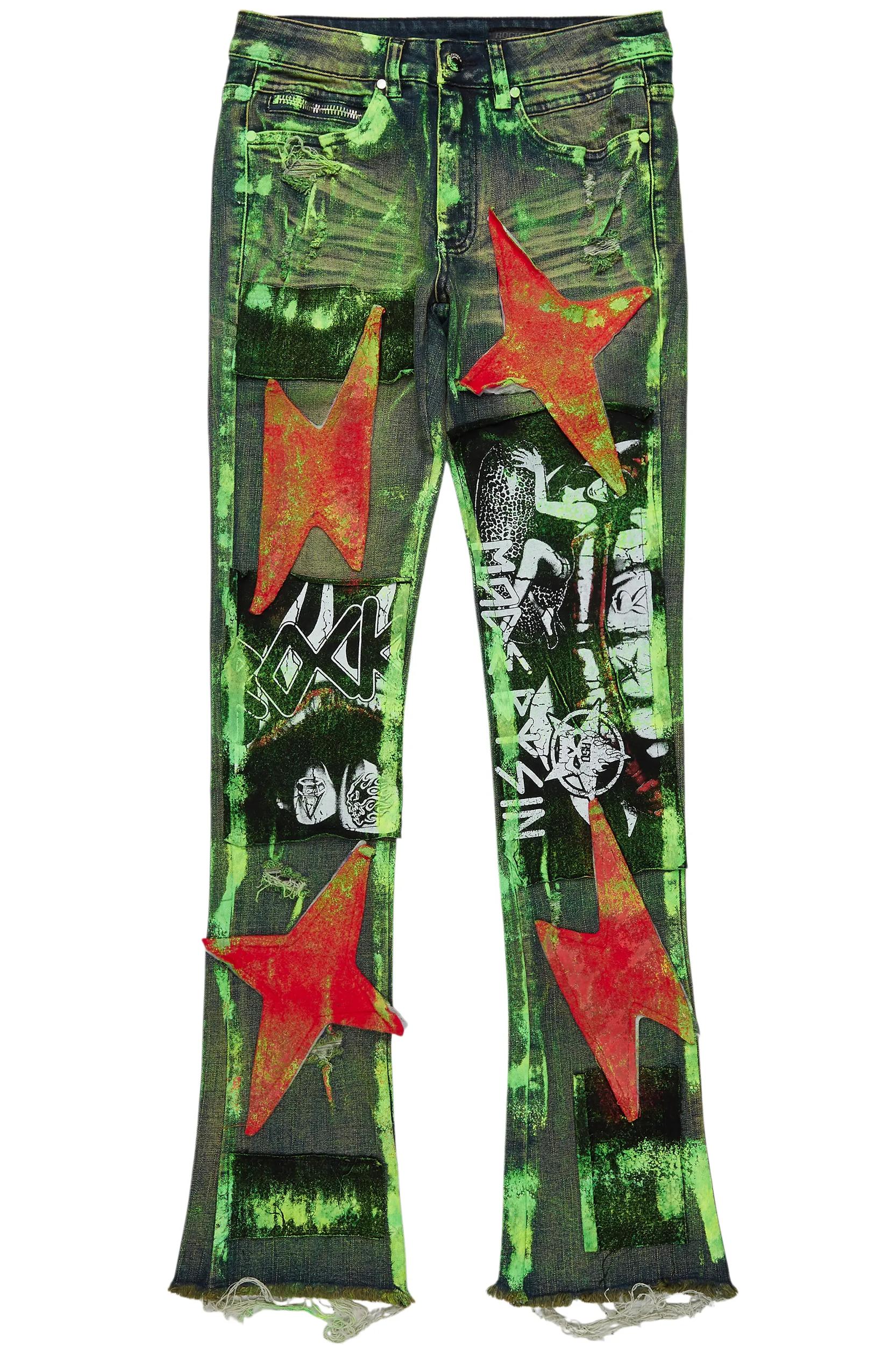 Valko Blue/Green Roller Paint Stacked Flare Jean Male Product Image