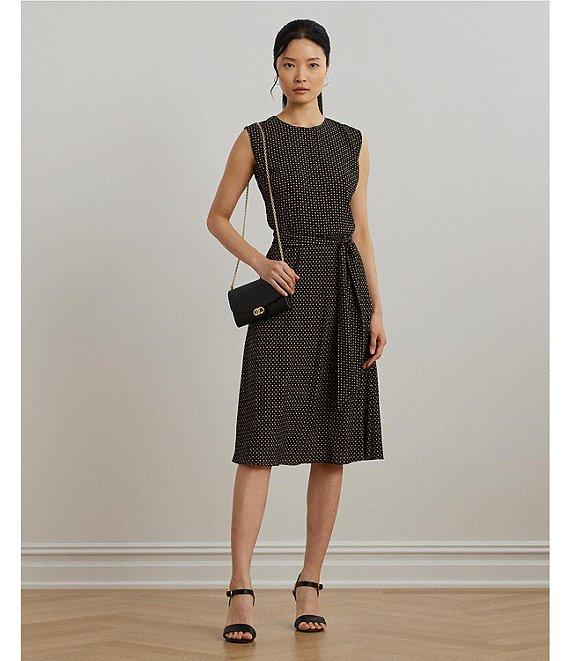 Lauren Ralph Lauren Petite Size Geometric Crepe Crew Neck Cap Sleeves Belted A-Line Dress Product Image