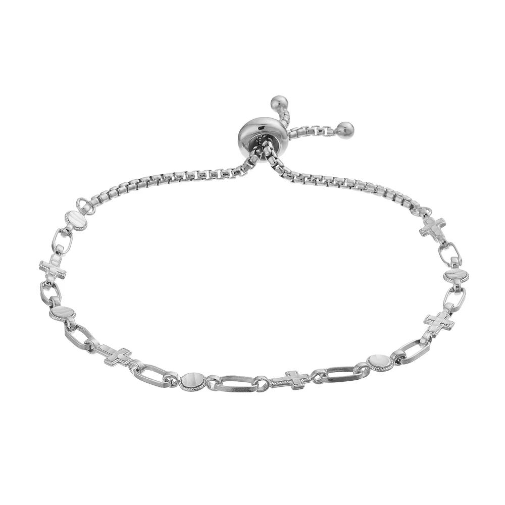 Kristen Kesho Sterling Silver Cross & Round Link Adjustable Bolo Bracelet, Women's, Size: 9.50, Pink Tone Product Image