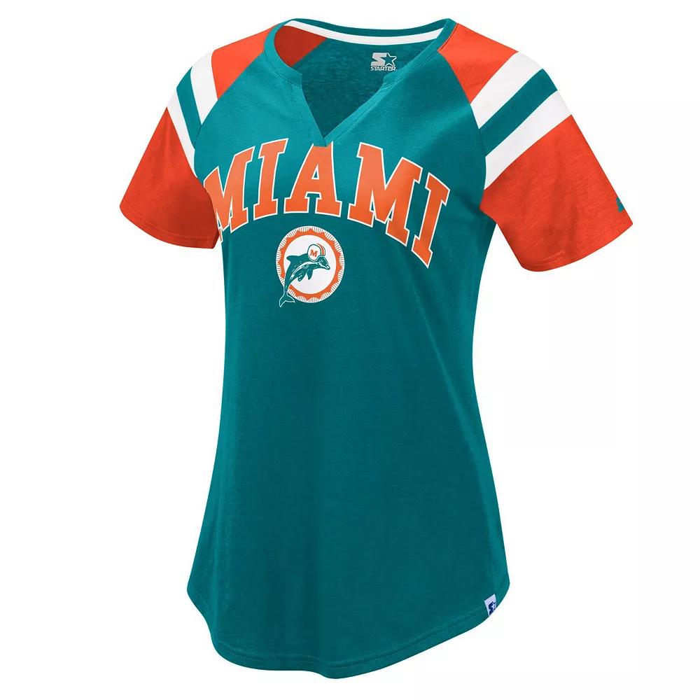 Women's Starter Aqua/Orange Miami Dolphins Game On Notch Neck Raglan T-Shirt, Size: Large, Turquoise A Product Image