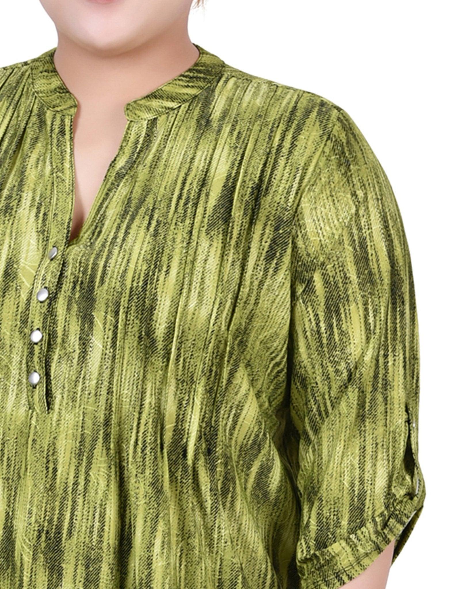 Chartreuse 3/4 Sleeve Roll Tab Y Neck Top - Plus Product Image
