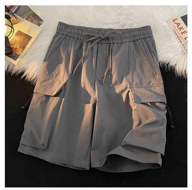 Mid Rise Plain Drawstring Cargo Shorts Product Image